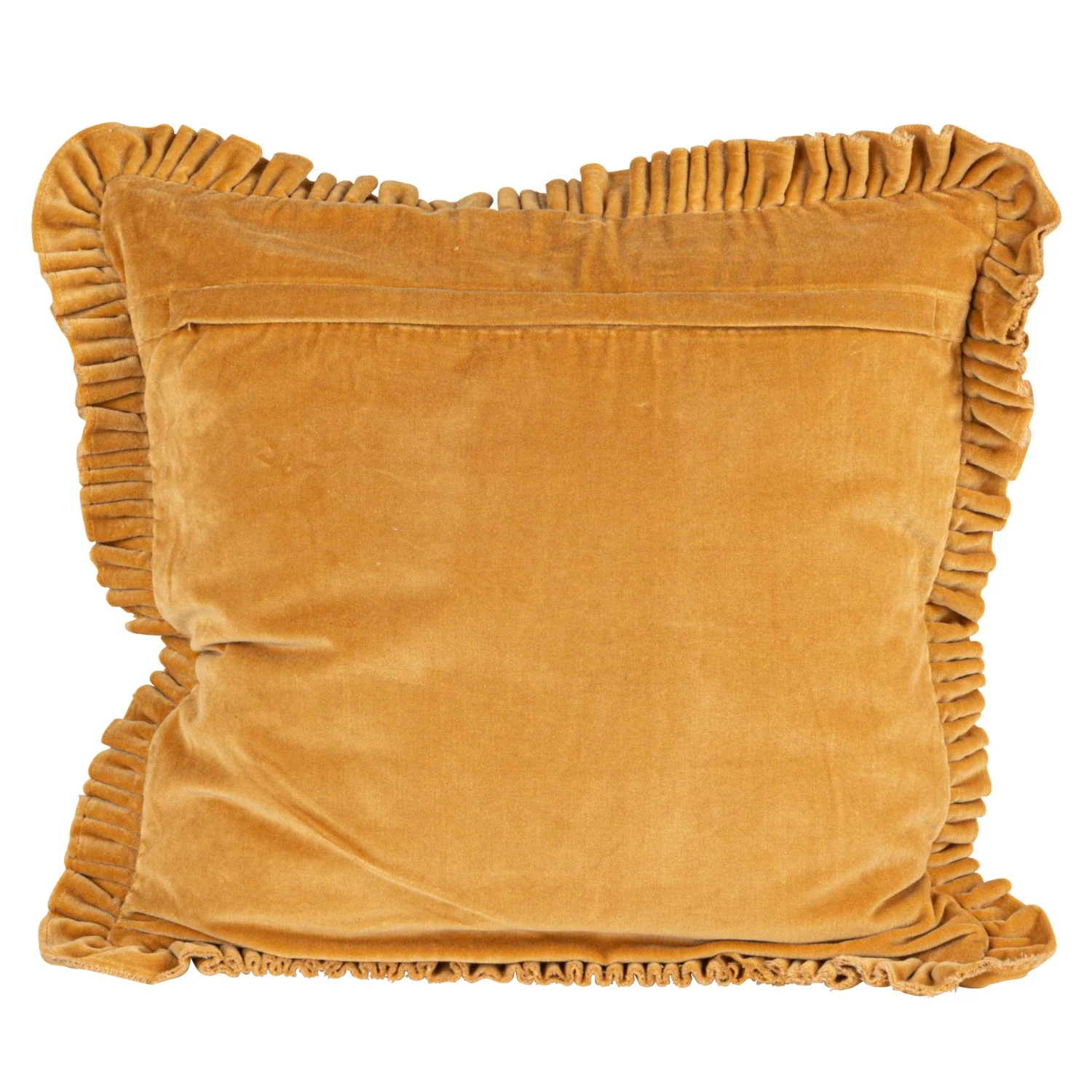 20" Square Cotton Velvet Pillow w/ Ruffle Trim, Mustard - Image 2
