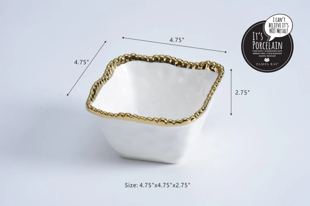 Pampa Bay White and Gold Square Snack Bowl, Beaded - Image 2