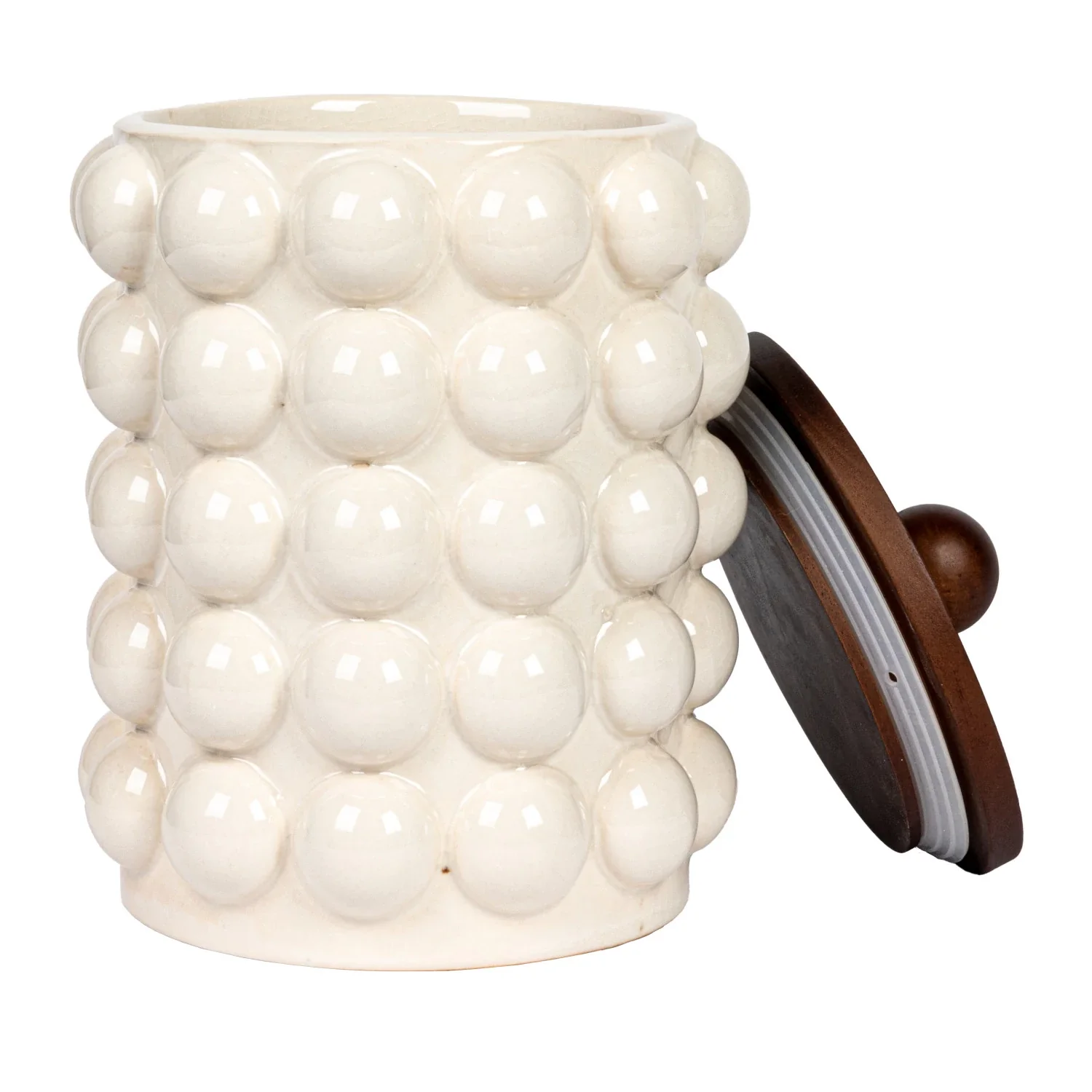 Round Small Tall Stoneware Canister w/ Wood Lid - Image 2