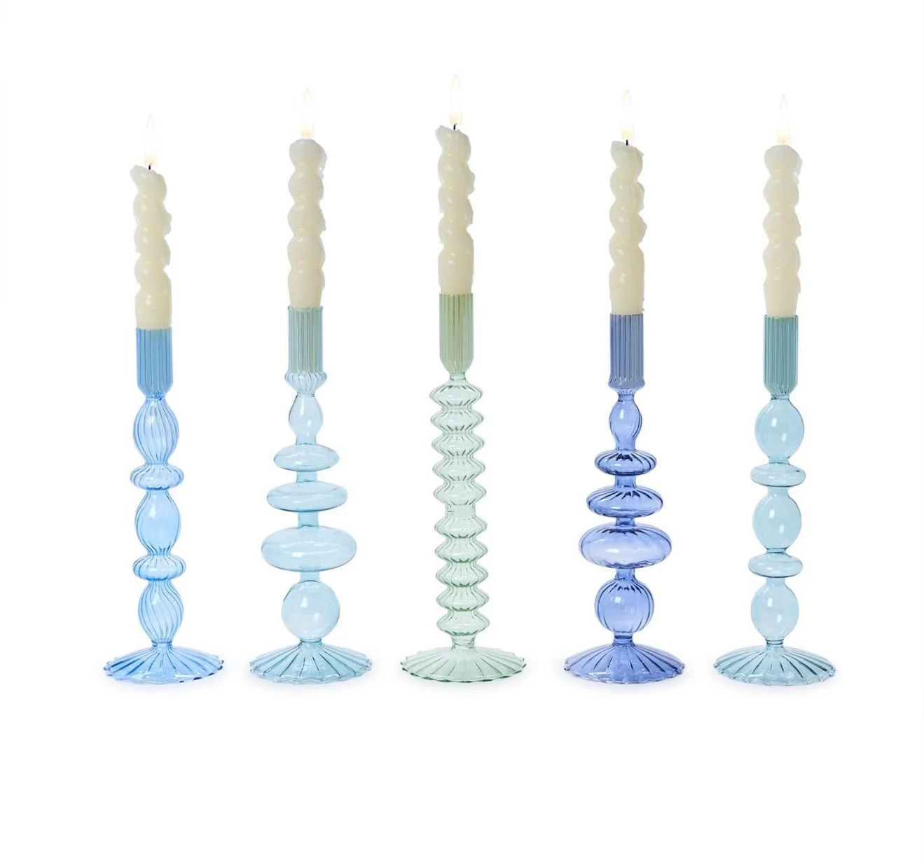 Shades of Blue Hand Blown Glass Taper Holders, Assorted